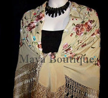 Flamenco Embroidered Silk Piano Shawl Wrap Wheat Floral 84" Maya Matazaro