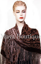 Maya Matazaro Piano Shawl Scarf Fringe Wrap Silk Burnout Velvet Chocolate Brown