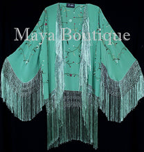 Embroidered Silk Fringe Jacket Kimono Tiffany Green Hand Dyed Maya Matazaro USA