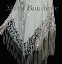 Ivory Flamenco Embroidered Silk Piano Shawl Wrap Flowers & Birds 88" Maya