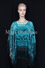 Teal Turquoise Silk Burnout Velvet Poncho Kimono Top Shawl Maya Matazaro