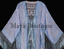 Serenity Blue Silk Burnout Velvet Fringes Jacket Kimono Long Coat Maya Matazaro