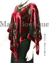 Silk Burnout Velvet Poncho Kimono Top Ruby Red & Black No Fringe Maya Matazaro