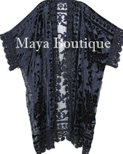 Lace & Burnout Velvet Kimono Caftan Jacket Duster Black Maya Matazaro Plus