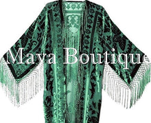 Emerald Green Kimono Long Fringe Jacket Burnout Velvet Maya Matazaro