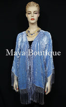 Maya Matazaro Serenity Blue Kimono Silk Burnout Velvet Fringe Jacket Short