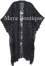 Lace & Burnout Velvet Kimono Caftan Jacket Duster Black Maya Matazaro Plus