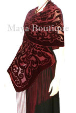 Maya Matazaro Shawl Wrap Scarf Burnout Velvet Art Nouveau Deep Red Fringed