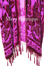 Maya Matazaro Fuchsia Beaded Silk Burnout Velvet Kimono Opera Coat Fringe Jacket