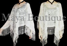 Ivory Maya Matazaro Silk Burnout Velvet Poncho Top Piano Shawl Fringed Wrap