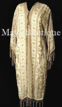 Beige Silk Burnout Velvet Beaded Fringes Jacket Kimono Long Coat Maya Matazaro