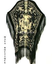 Caftan Duster Fringe Jacket Kimono Black & Beige Silk Burnout Velvet Maya
