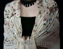 Maya Matazaro Flamenco Embroidered Silk Piano Shawl Wrap Fringed Scarf Beige 84"