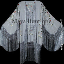 Maya Matazaro Embroidered Silk Fringe Jacket Kimono Silver Gray Birds & Flower