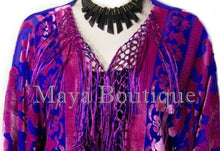 Rose & Blue Fringe Jacket Burnout Velvet Short Kimono Maya Matazaro