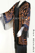 Orange & Black Silk Burnout Velvet Fringes Jacket Kimono Coat Long Maya Matazaro