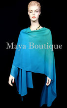 Hand Dyed Maya Matazaro Silk Chiffon Cape Ruana Caftan Wrap Aqua Blue Ombre