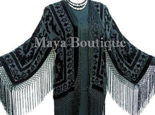 Flapper Fringe Jacket Kimono Black Rayon Blend Burnout Velvet Short Maya Jacket