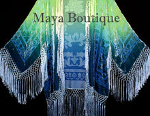 Burnout Velvet Silk Fringe Jacket Kimono Hand dyed Green Teal Maya Wearable Art