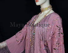 Embroidered Silk Fringe Jacket Kimono Strawberry Ice Multi Birds Flower Maya