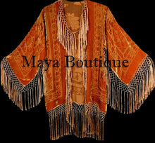 Orange Kimono Silk Burnout Velvet Fringe Jacket Short Maya Matazaro