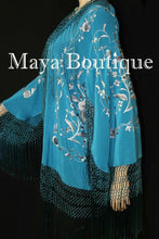 Flamenco Embroidered Silk Fringe Jacket Kimono Teal & Gray Short Maya Matazaro