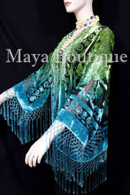 Art to Wear Devore Velvet Kimono Jacket Hand Dyed Green Turquoise Maya Matazaro