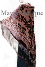 Maya Matazaro Piano Shawl Scarf Fringe Wrap Silk Burnout Velvet Chocolate Brown