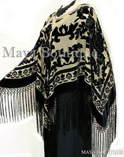 Poncho Kimono Fringe Top Shawl Beige & Black Silk Burnout Velvet Maya Matazaro