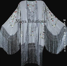 Maya Matazaro Embroidered Silk Fringe Jacket Kimono Silver Gray Birds & Flower