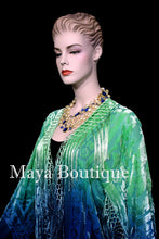 Burnout Velvet Silk Fringe Jacket Kimono Hand dyed Green Teal Maya Wearable Art