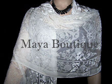 Silk Shawl Wrap Scarf Burnout Velvet Beaded Oblong IVORY Medalion Maya Matazaro