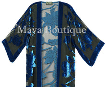 Blue Long Kimono Jacket Silk Burnout Velvet No Fringe Maya Matazaro