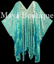 Maya Matazaro Aqua Ombre Camellia Burnout Velvet Caftan Kimono Jacket Hand Dyed