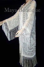 Ivory Maya Matazaro Fringes Jacket Kimono Long Fringe Coat Silk Burnout Velvet