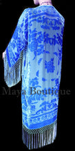 Sky Blue Silk Burnout Velvet Fringes Jacket Kimono Long Coat Maya Matazaro USA