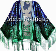 Maya Matazaro Art to Wear Burnout Velvet Kimono Jacket Hand Dyed Green Blue