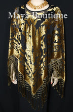 Maya Matazaro Antique Gold & Black Burnout Velvet Poncho Shawl Top With Fringes