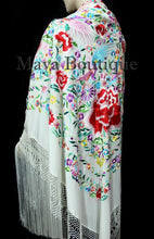 Flamenco Embroidered Silk Piano Shawl Wrap White Flower & Birds Multicolors 90"