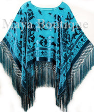 Teal Turquoise Silk Burnout Velvet Poncho Kimono Top Shawl Maya Matazaro