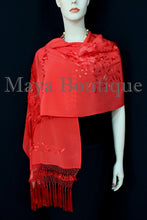 Red Embroidered Silk Wrap Shawl Scarf Oblong with Fringes Maya Matazaro