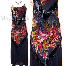 Dress Gown Black Silk Burnout Velvet Beaded Victorian Roses Maya Matazaro M