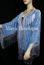 Maya Matazaro Serenity Blue Kimono Silk Burnout Velvet Fringe Jacket Short