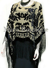 Poncho Kimono Fringe Top Shawl Beige & Black Silk Burnout Velvet Maya Matazaro