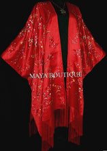 Red Embroidered Silk Kimono Caftan Duster Opera Coat Maya Matazaro Plus Up to 5X