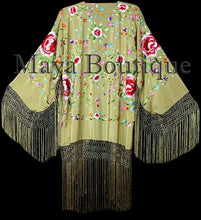 Gold Beige Silk Embroidered Fringe Jacket Flamenco Kimono Multi Maya Matazaro