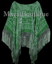 Green Silk Burnout Velvet Poncho Fringe Top Shawl Hand Dyed Maya Matazaro