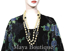 Tea Roses Caftan Kimono Burnout Velvet Black Blue Usa Made Maya Matazaro