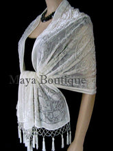 Silk Shawl Wrap Scarf Burnout Velvet Beaded Oblong IVORY Medalion Maya Matazaro