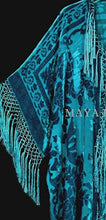 Turquoise Silk Burnout Velvet Fringe Jacket Kimono Duster Maya Wearable Art Plus